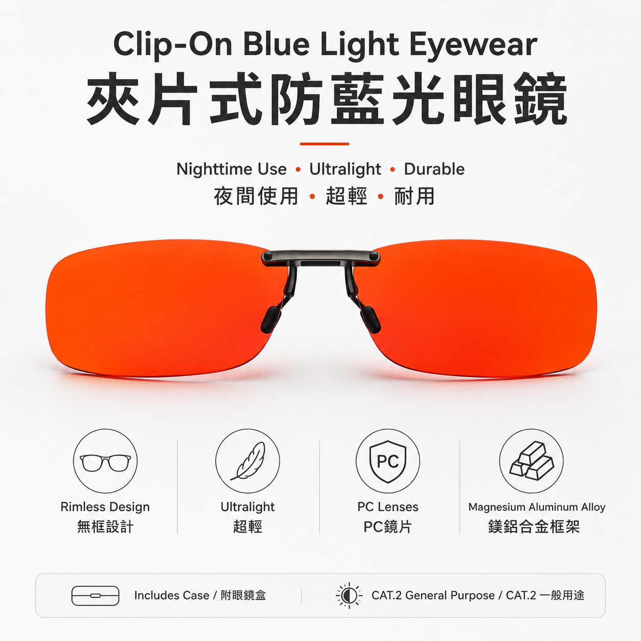 Clip-On Blue Light Glasses, Rimless Ultralight PC Lens Eyewear for Nighttime Screen Use 夾片式防藍光眼鏡｜無框超輕PC鏡片｜夜間螢幕使用適用